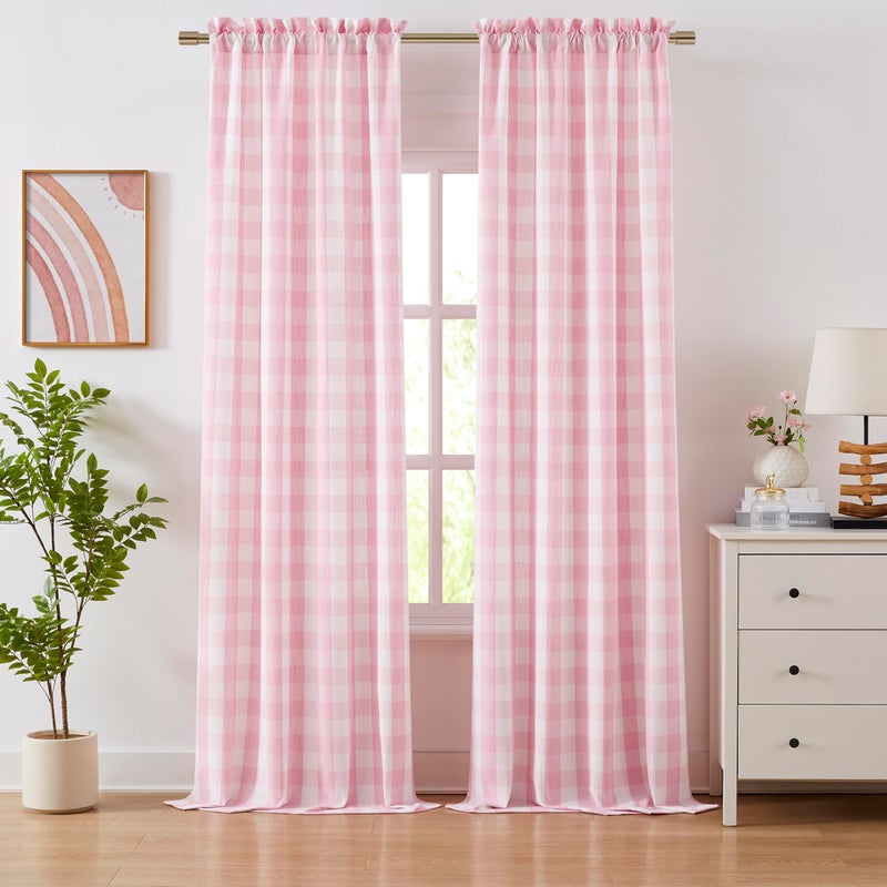 Bapawfish Pink White Buffalo Plaid Semi Sheer Curtains 84 Inches Long,Lovely Girls Room Buffalo Check Drapes,Farmhouse Bedroom Living Room Window Treatment,Rod Pocket,Pink/White(Pack of 2) - Image 1