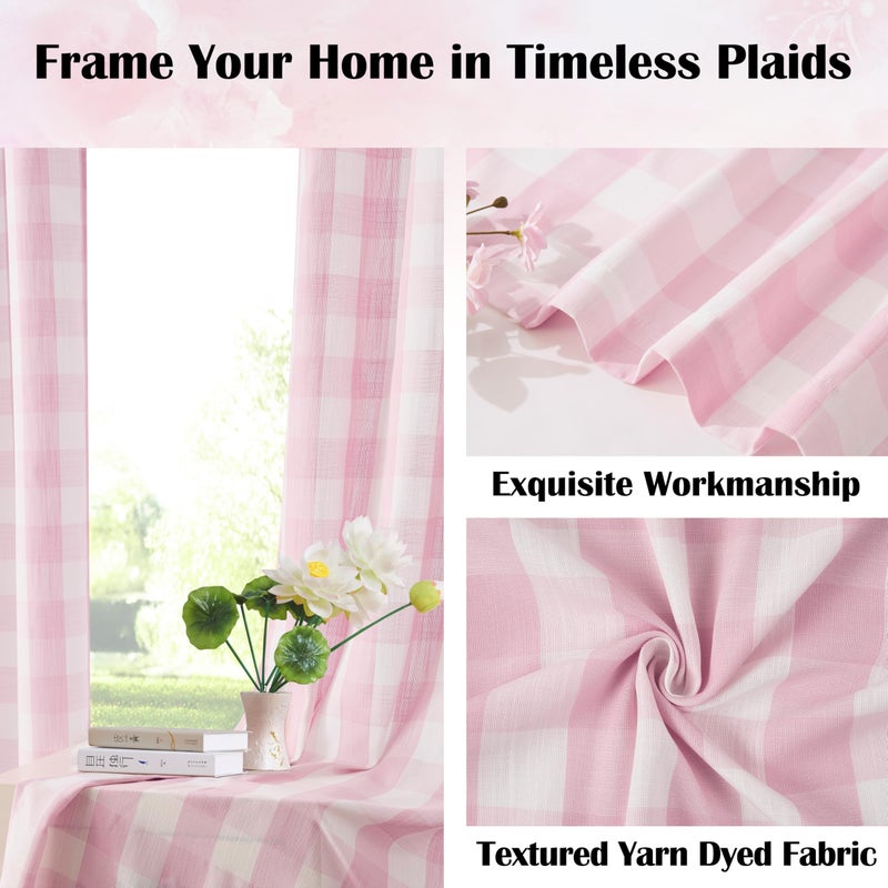 Bapawfish Pink White Buffalo Plaid Semi Sheer Curtains 84 Inches Long,Lovely Girls Room Buffalo Check Drapes,Farmhouse Bedroom Living Room Window Treatment,Rod Pocket,Pink/White(Pack of 2) - Image 3