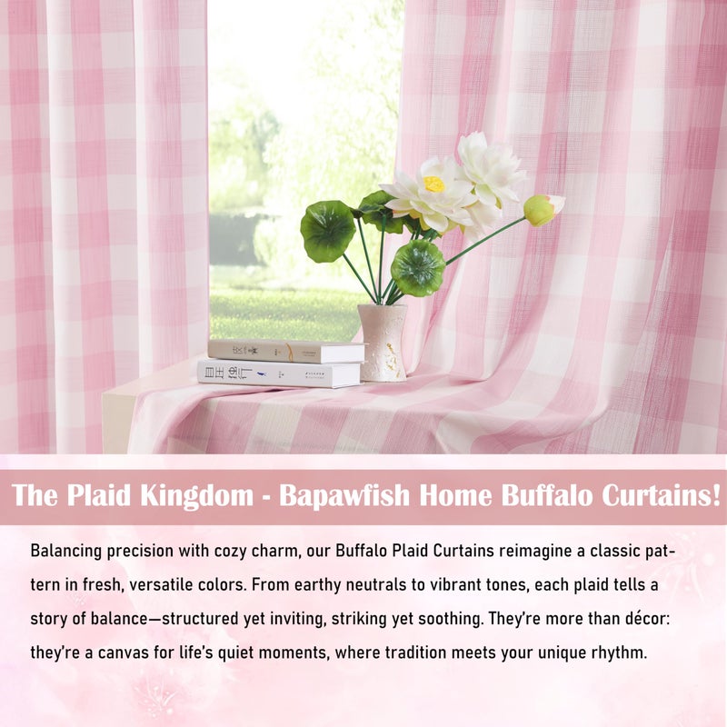 Bapawfish Pink White Buffalo Plaid Semi Sheer Curtains 84 Inches Long,Lovely Girls Room Buffalo Check Drapes,Farmhouse Bedroom Living Room Window Treatment,Rod Pocket,Pink/White(Pack of 2) - Image 2