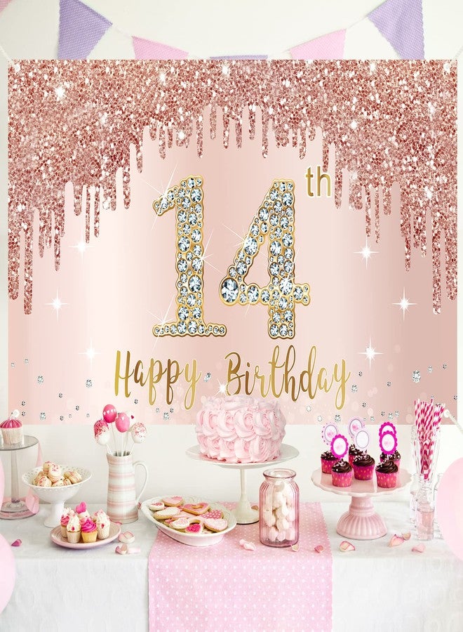 Bumqviy Happy 14th Birthday Banner Backdrop Decorations for Girls, Rose Gold 14 Birthday Party Sign Supplies, Pink 14 Year Old Birthday Poster Background Photo Booth Props Decor - Image 4