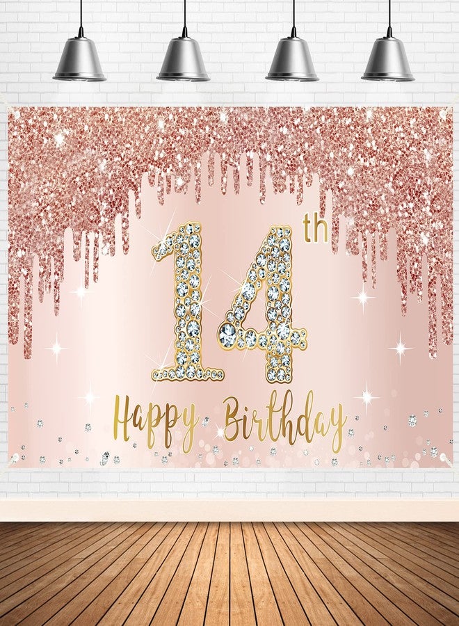 Bumqviy Happy 14th Birthday Banner Backdrop Decorations for Girls, Rose Gold 14 Birthday Party Sign Supplies, Pink 14 Year Old Birthday Poster Background Photo Booth Props Decor - Image 1