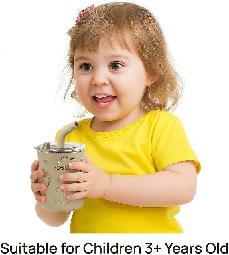 PandaEar 2 Pack Stainless Steel Toddler Cups with Lids & Silicone Sleeves - 8.8 oz Spill Proof Sippy Cups with Straw Stopper & Teething-Friendly Straws (Beige & Khaki) - Image 2