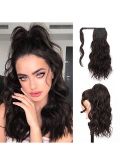 Long Wavy Ponytail Extension with 2PCS Front Side Bangs for Women 20 Inch Wrap Around Synthetic Hair Fluffy Pony Tail (Dark Brown, 20 Inch)