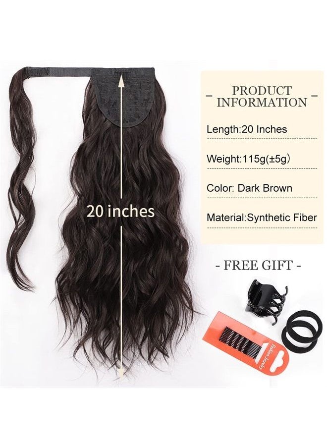 DeeThens - Long Wavy Ponytail Extension with 2PCS Front Side Bangs for Women 20 Inch Wrap Around Synthetic Hair Fluffy Pony Tail (Dark Brown, 20 Inch) - Image 1