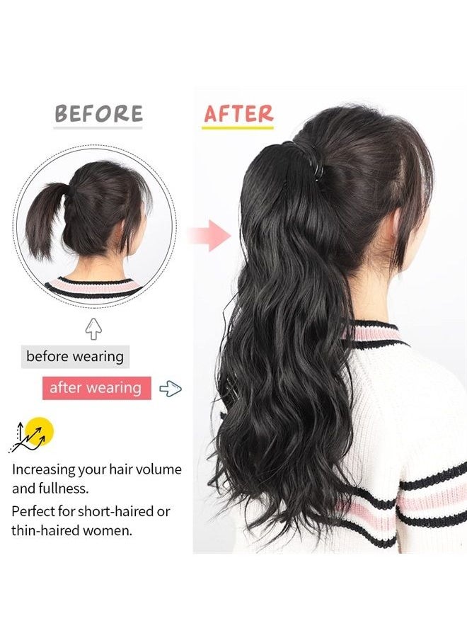 DeeThens - Long Wavy Ponytail Extension with 2PCS Front Side Bangs for Women 20 Inch Wrap Around Synthetic Hair Fluffy Pony Tail (Dark Brown, 20 Inch) - Image 1
