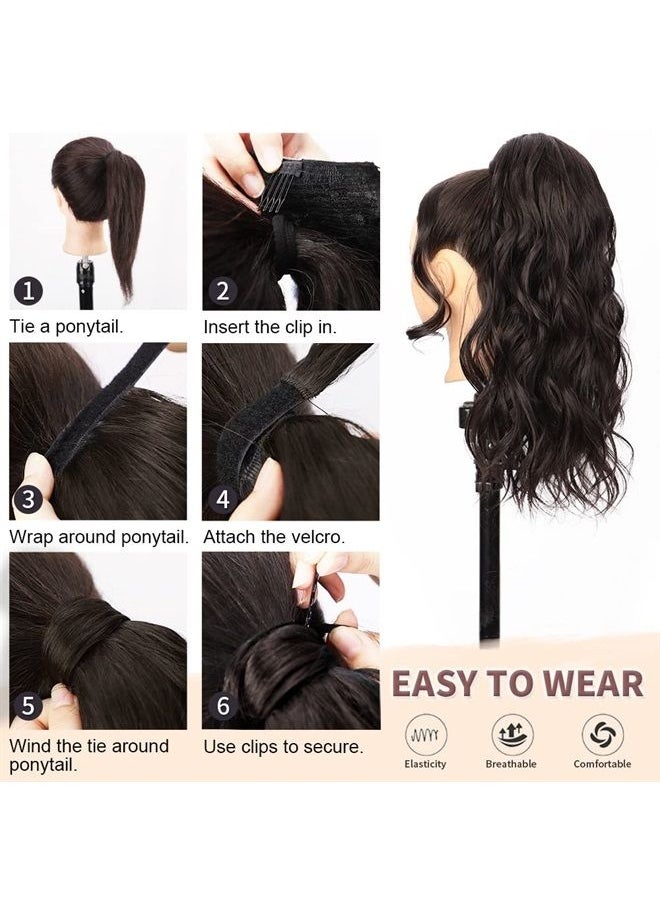 DeeThens - Long Wavy Ponytail Extension with 2PCS Front Side Bangs for Women 20 Inch Wrap Around Synthetic Hair Fluffy Pony Tail (Dark Brown, 20 Inch) - Image 1