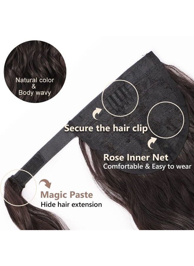 DeeThens - Long Wavy Ponytail Extension with 2PCS Front Side Bangs for Women 20 Inch Wrap Around Synthetic Hair Fluffy Pony Tail (Dark Brown, 20 Inch) - Image 1