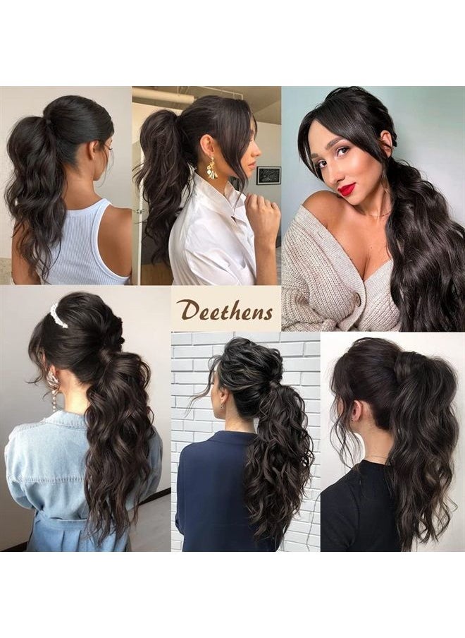 DeeThens - Long Wavy Ponytail Extension with 2PCS Front Side Bangs for Women 20 Inch Wrap Around Synthetic Hair Fluffy Pony Tail (Dark Brown, 20 Inch) - Image 1