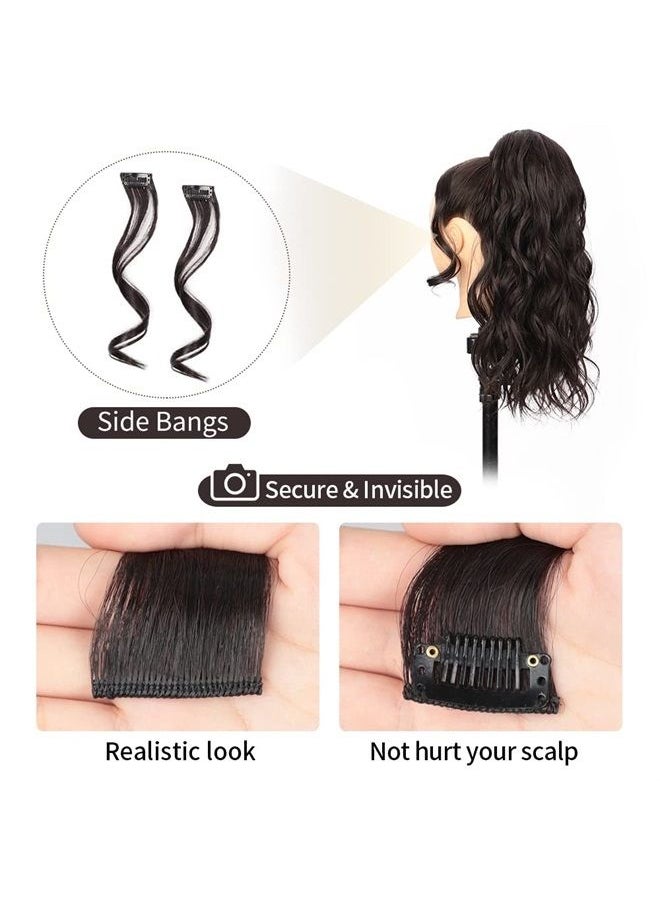 DeeThens - Long Wavy Ponytail Extension with 2PCS Front Side Bangs for Women 20 Inch Wrap Around Synthetic Hair Fluffy Pony Tail (Dark Brown, 20 Inch) - Image 1