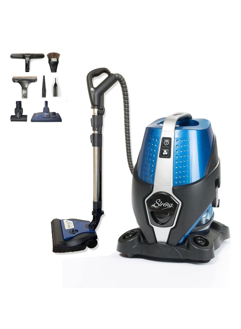 SIRENA vacuum cleaner with water filtration Uses the latest water-based filtration technology with a washable HEPA filter Powered by an Italian-made 1200W dual cyclone motor High speed for thorough cleaning, low speed for air filtration It comes with a ten-year motor warranty and a three-year unit warranty Designed and engineered in Canada for lasting cleaning quality and efficiency - Image 1
