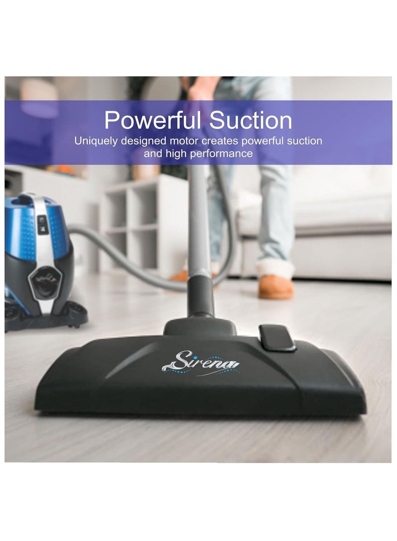 SIRENA vacuum cleaner with water filtration Uses the latest water-based filtration technology with a washable HEPA filter Powered by an Italian-made 1200W dual cyclone motor High speed for thorough cleaning, low speed for air filtration It comes with a ten-year motor warranty and a three-year unit warranty Designed and engineered in Canada for lasting cleaning quality and efficiency - Image 3