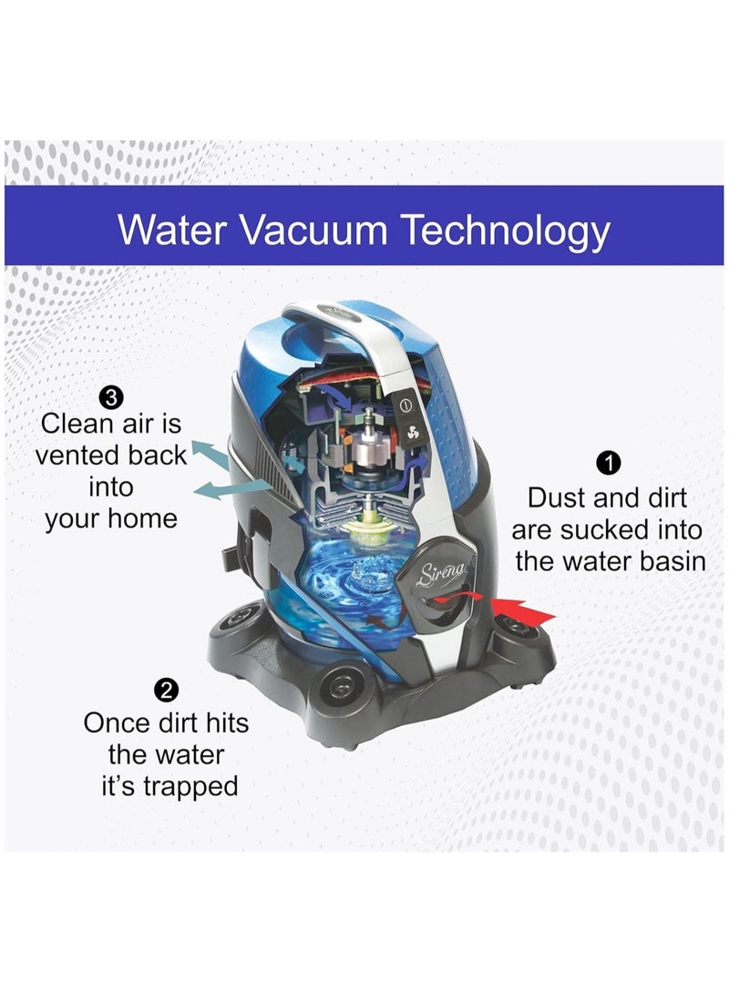 SIRENA vacuum cleaner with water filtration Uses the latest water-based filtration technology with a washable HEPA filter Powered by an Italian-made 1200W dual cyclone motor High speed for thorough cleaning, low speed for air filtration It comes with a ten-year motor warranty and a three-year unit warranty Designed and engineered in Canada for lasting cleaning quality and efficiency - Image 5