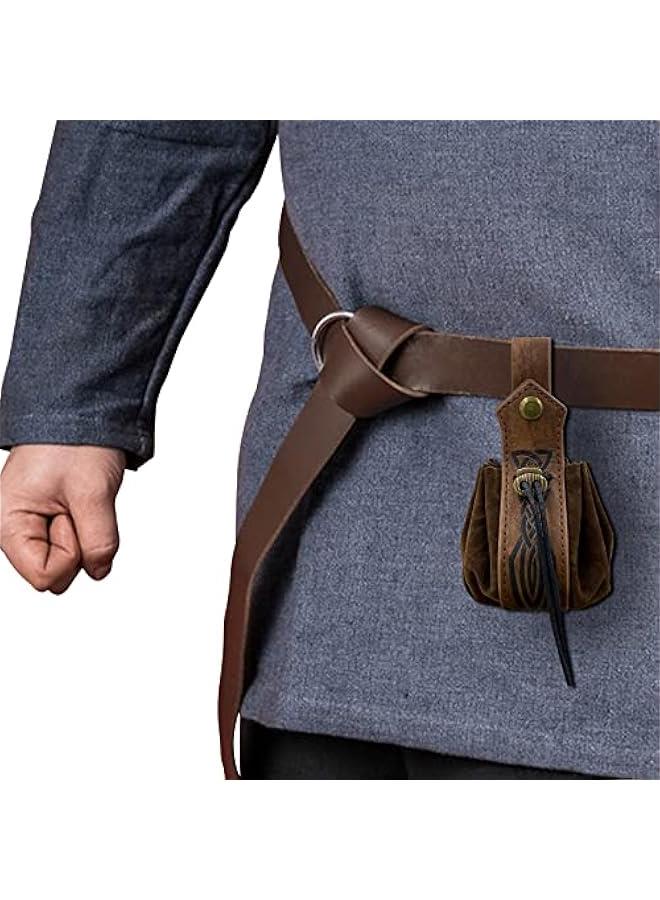 Medieval Faux Leather Drawstring Pouch, Retro Nordic Portable Coin Purse, Vintage Belt Pouch Dice Bag For LARP Ren Faire (Brown C)  - Image 4