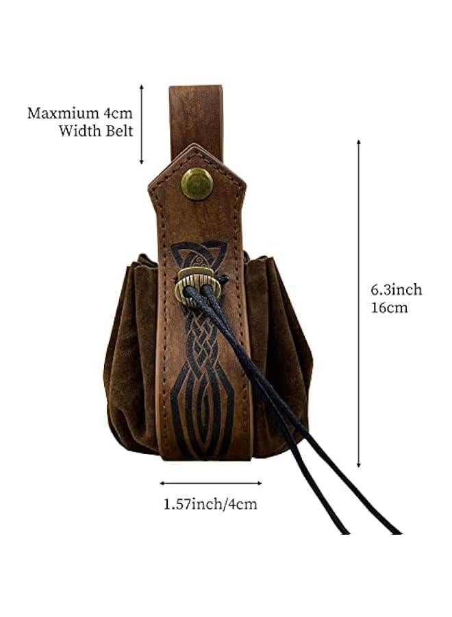 Medieval Faux Leather Drawstring Pouch, Retro Nordic Portable Coin Purse, Vintage Belt Pouch Dice Bag For LARP Ren Faire (Brown C)  - Image 5