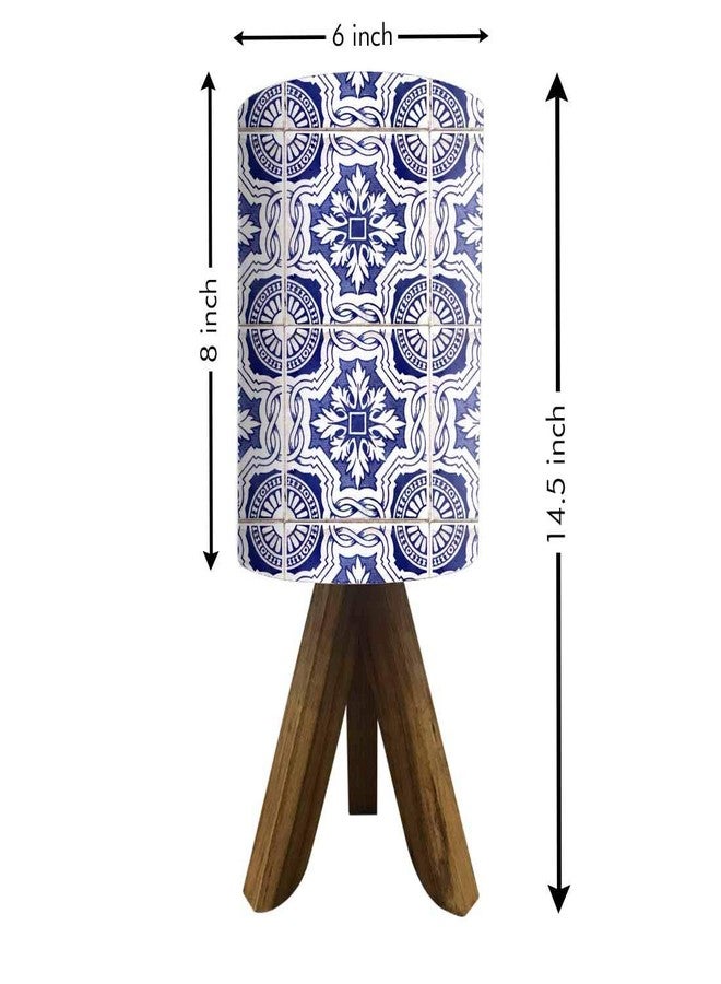Nutcase Mini Wooden Table Lamp for Bedroom - Teak Wood 14" Bedside Small Tripod Desk Night Lamp (Bulb Included) - Spanish Tiles White Blue - Image 4