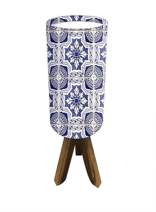 Nutcase Mini Wooden Table Lamp for Bedroom - Teak Wood 14" Bedside Small Tripod Desk Night Lamp (Bulb Included) - Spanish Tiles White Blue - Image 3