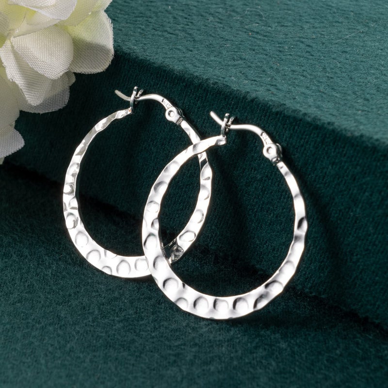 Lancharmed Sterling Silver Hammered Hoop Earrings for Women Lightweight Large Silver Hoops Earrings Hypoallergenic Hammered Jewelry 30MM - Image 3
