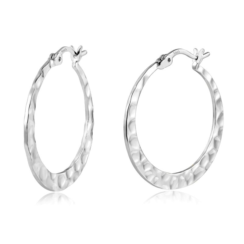 Lancharmed Sterling Silver Hammered Hoop Earrings for Women Lightweight Large Silver Hoops Earrings Hypoallergenic Hammered Jewelry 30MM - Image 1