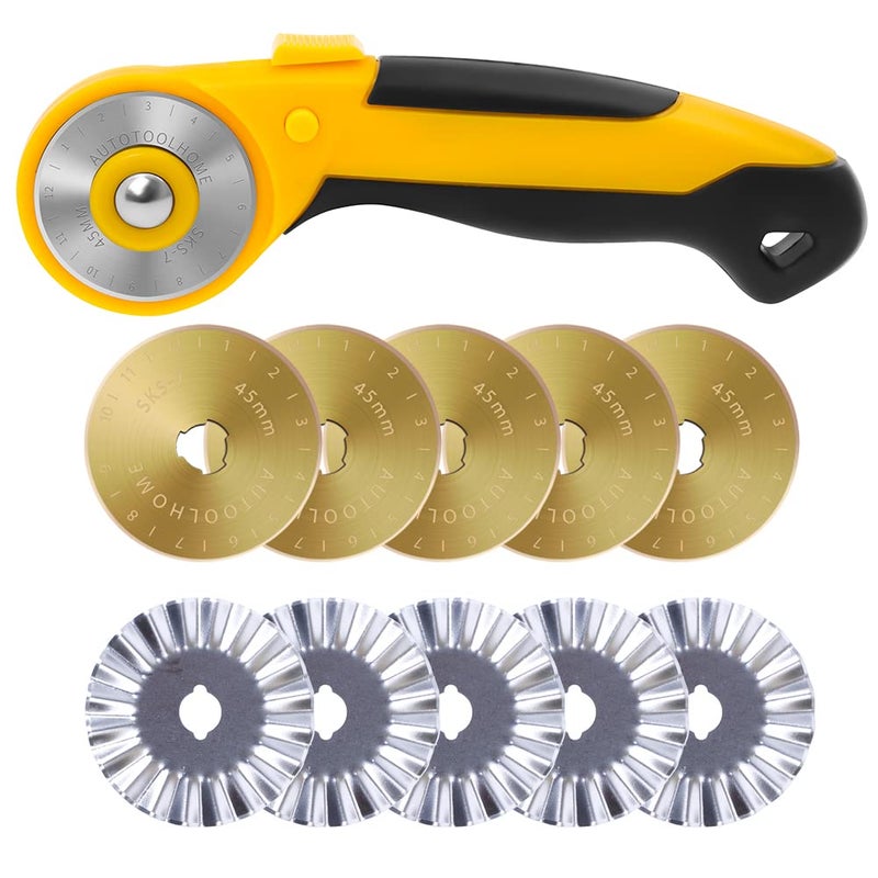 AUTOTOOLHOME 45mm Rotary Cutter Automatic Fabric Cutter 5pcs Titanium Replacement Blades 5pcs Pinking Rotary Blades with Safety Lock for Quilting, Sewing, Crafts - Image 1