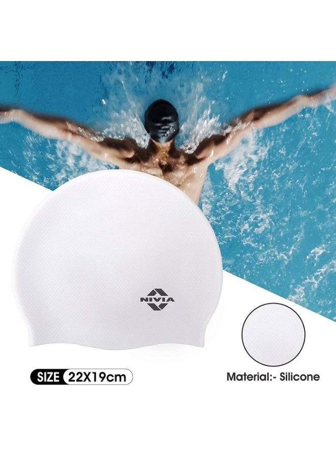 Nivia Pro Silicone Swimming Cap For Adults, Swimming Pool Cap, Swimming Cap For Men & Women, For Swim, Swimming Headwear For Long Hair, Training Cap For Adults, Easy Fit (White) - Image 2