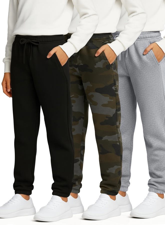 REALESSENTIALS 3 Pack: Boys Girls Youth Teen Active Athletic Basic Soft Tech Sports Fleece Jogger Soccer Track Gym Running Slim Fit Tapered Sweatpants Casual French Terry Quick Dry Fit Pockets-Set 8,M(10/12) - Image 1