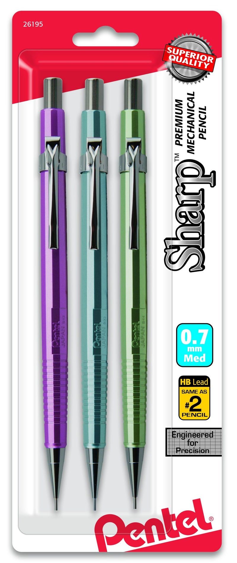 Pentel Sharp Mechanical Pencil  (0.7Mm)  Medium Line  Metallic Barrel  Assorted Colors  Pack Of 3 (P207Mbp3M1) - Image 1