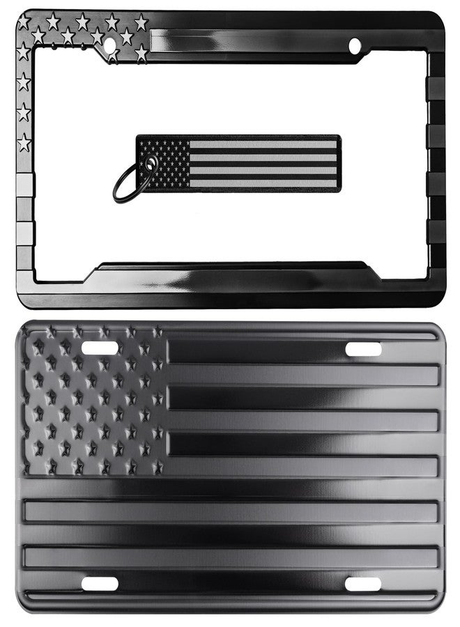 DillenCo American Flag License Plate, Frame, and Key Tag Combo Black-on-Matte Black - Image 1