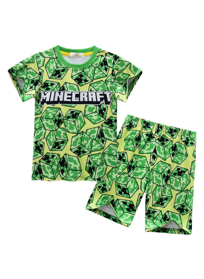 ماين كرافت مجموعة القمصان قصيرة الأكمام والبنطلون للأطفال المتوسطين والكبار بمطبوعات كرتونية من لعبة ماينكرافت مناسبة للارتداء اليومي والأنشطة المختلفة. - Image 1