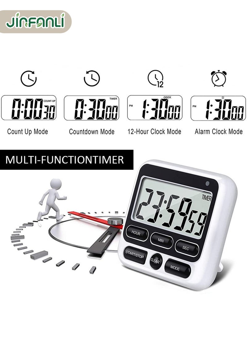 JINFANLI Digital Kitchen Timer with Silent/Loud Alarm Switch, 24-Hour Clock and Alarm, Memory Function, Count Up and Count Down, Suitable for Kids, Teachers, Cooking, Large LCD Display, Strong Magnet - White - Image 3