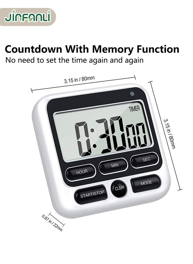 JINFANLI Digital Kitchen Timer with Silent/Loud Alarm Switch, 24-Hour Clock and Alarm, Memory Function, Count Up and Count Down, Suitable for Kids, Teachers, Cooking, Large LCD Display, Strong Magnet - White - Image 4