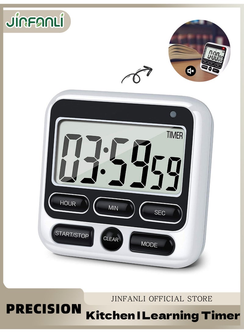 JINFANLI Digital Kitchen Timer with Silent/Loud Alarm Switch, 24-Hour Clock and Alarm, Memory Function, Count Up and Count Down, Suitable for Kids, Teachers, Cooking, Large LCD Display, Strong Magnet - White - Image 1
