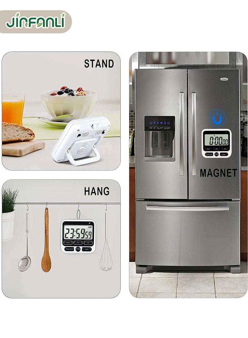 JINFANLI Digital Kitchen Timer with Silent/Loud Alarm Switch, 24-Hour Clock and Alarm, Memory Function, Count Up and Count Down, Suitable for Kids, Teachers, Cooking, Large LCD Display, Strong Magnet - White - Image 5