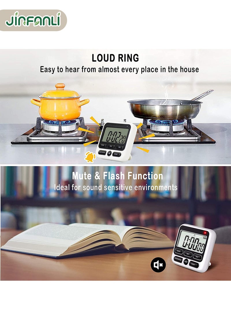 JINFANLI Digital Kitchen Timer with Silent/Loud Alarm Switch, 24-Hour Clock and Alarm, Memory Function, Count Up and Count Down, Suitable for Kids, Teachers, Cooking, Large LCD Display, Strong Magnet - White - Image 2
