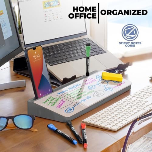 XBEY Desk Organizer Glass Desktop Whiteboard/Plastic Desk Buddy/Great Desk Organiser and Desk Accessory for Home Or Office/Dry Erase Board for Desk Notes (Grey and White) - Image 3