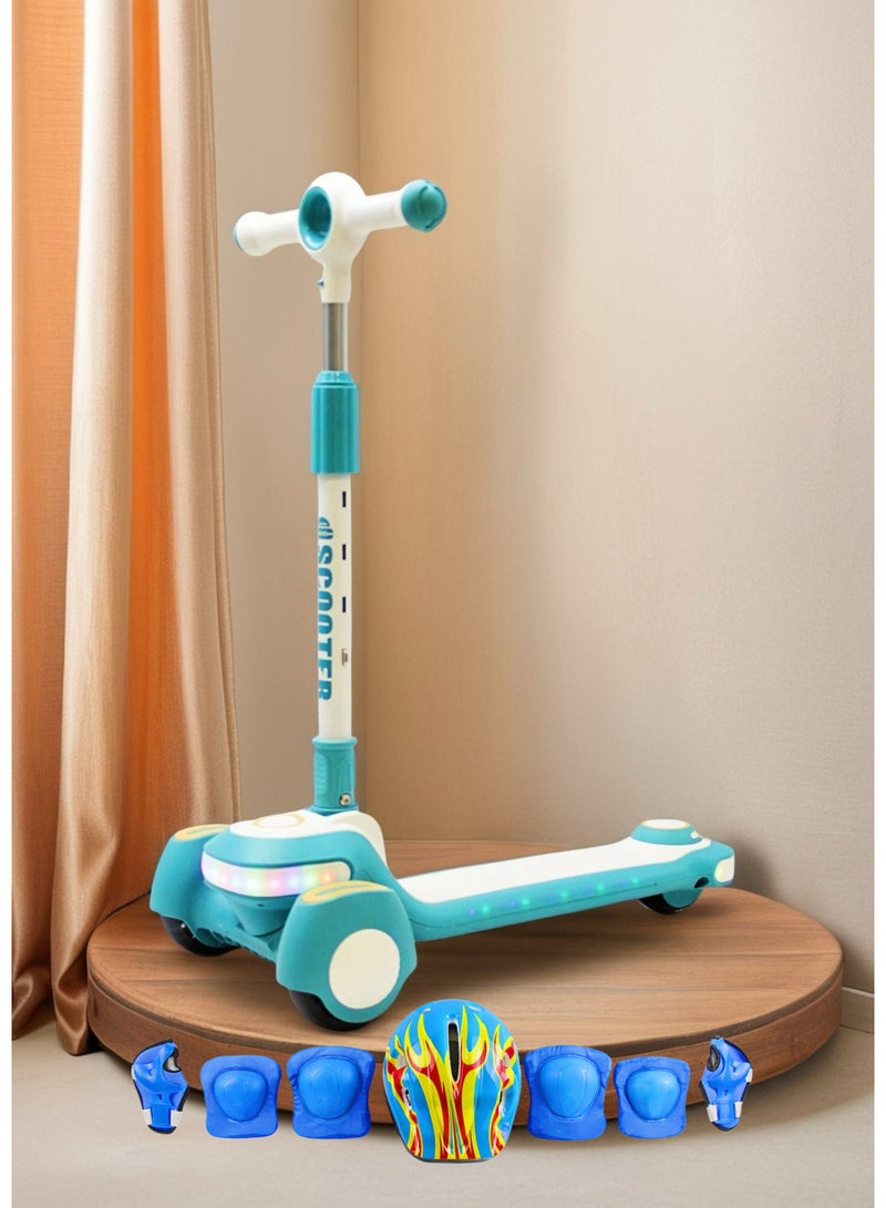 إيزي فيتشور سكوتر ركل للأطفال من إيزي فيوتشر: تصميم قابل للطي، مقبض قابل لضبط الارتفاع، عجلات LED، فرامل خلفية وموسيقى للأعمار من 3 إلى 8 سنوات، بما في ذلك مجموعة معدات الحماية الكاملة - Image 1