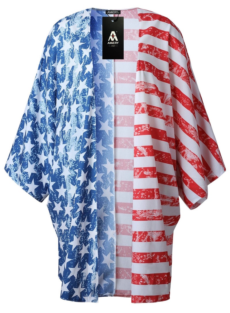 AMiERY 4th of July Women's American Flag Print Kimono Cover Up Tops Shirt Patriotic Cardigan (one Size, Picture Color) - Image 5
