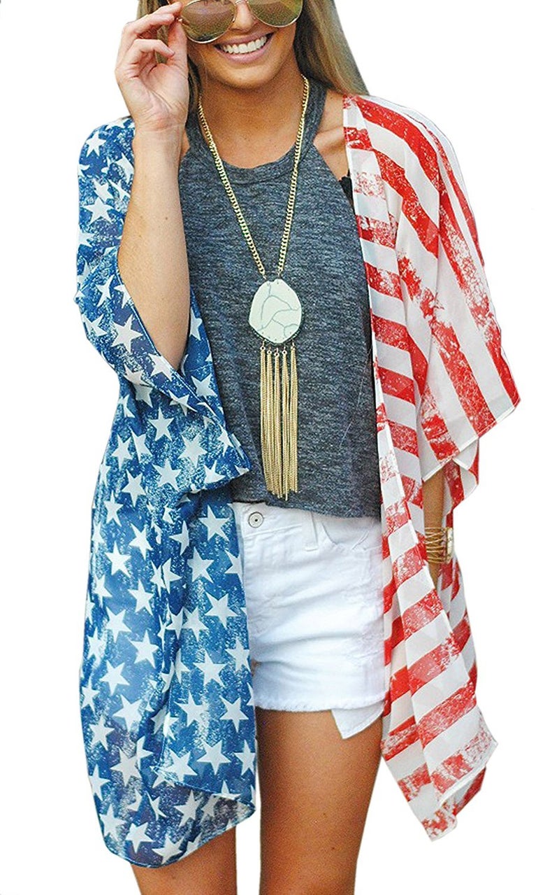 AMiERY 4th of July Women's American Flag Print Kimono Cover Up Tops Shirt Patriotic Cardigan (one Size, Picture Color) - Image 1