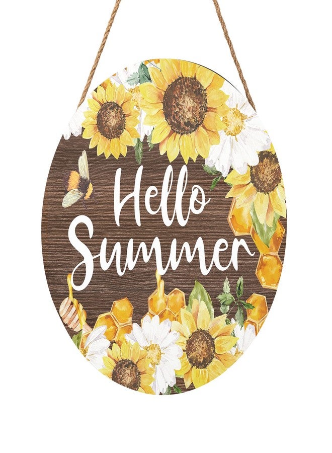 Harooni Hello Summer Sign 12 x 12 Inch Summer Themed Sunflower Welcome Sign Front Door Decor Farmhouse Porch Decoration Sunflower Round Wooden Hanging Sign for Home Garden Farmhouse Yard - Image 1