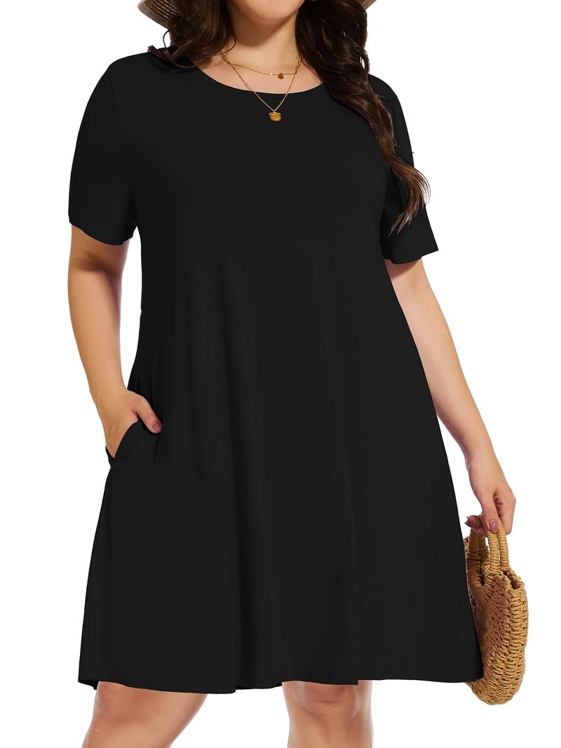elescat Plus Size Summer Dresses for Women Casual Short Sleeve Pockets Loose Oversized T Shirt Sundress (Black, 3XL) - Image 1
