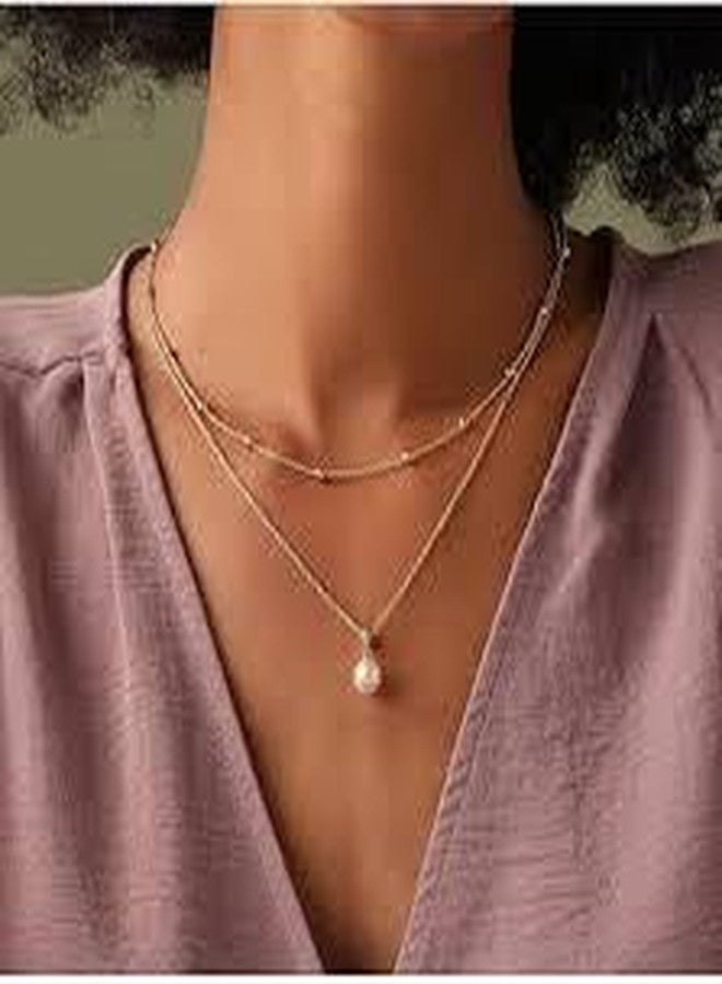 ITS New Elegant Double Layer Chain Imitation Pearl Pendant Chain Necklace for Women, Gold - Image 3