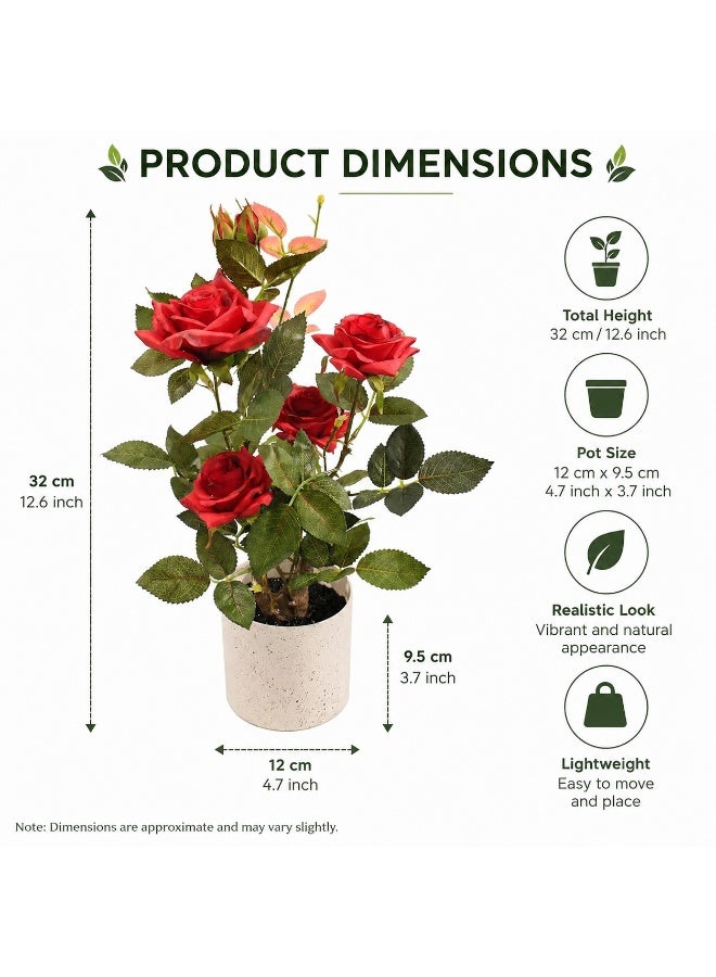 Marcolo Artificial Red Rose Plant in White Ceramic Pot, Silk Flowers with Green Leaves, Home Decor 45cm - Image 4