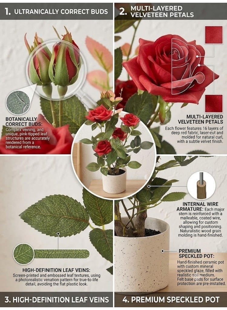 Marcolo Artificial Red Rose Plant in White Ceramic Pot, Silk Flowers with Green Leaves, Home Decor 45cm - Image 2