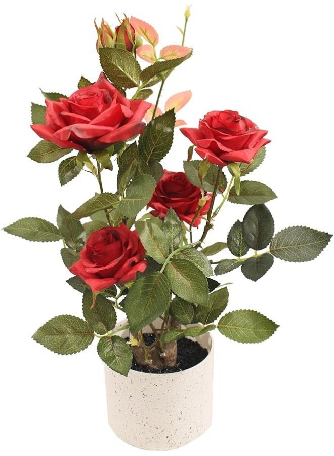 Marcolo Artificial Red Rose Plant in White Ceramic Pot, Silk Flowers with Green Leaves, Home Decor 45cm - Image 1