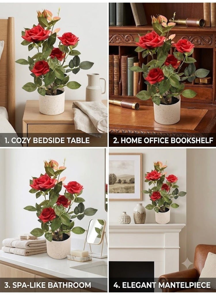 Marcolo Artificial Red Rose Plant in White Ceramic Pot, Silk Flowers with Green Leaves, Home Decor 45cm - Image 3
