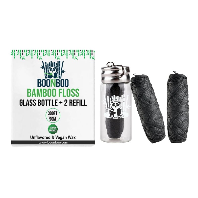 BOONBOO Dental Floss, Charcoal Woven Thread, Glass Bottle and 2 Heads Refill, Unflavored - Image 1
