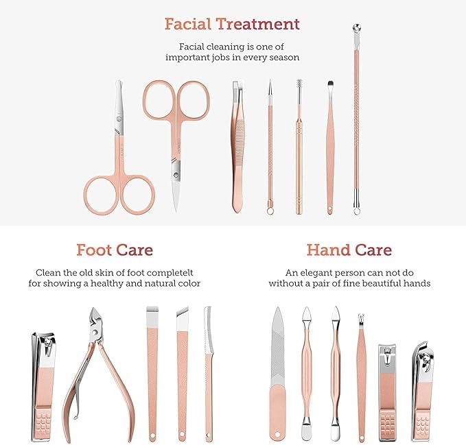 ADOERE ADOERE18 IN 1 Stainless Steel Professional Manicure Set Nail Cutter For Women Nail Scissors Luxury Grooming Kit Manicure Pedicure Kit For Women Nail Acne Remover needle Assorted - Image 3