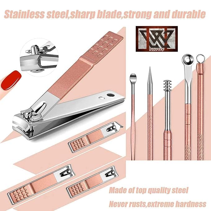ADOERE ADOERE18 IN 1 Stainless Steel Professional Manicure Set Nail Cutter For Women Nail Scissors Luxury Grooming Kit Manicure Pedicure Kit For Women Nail Acne Remover needle Assorted - Image 2