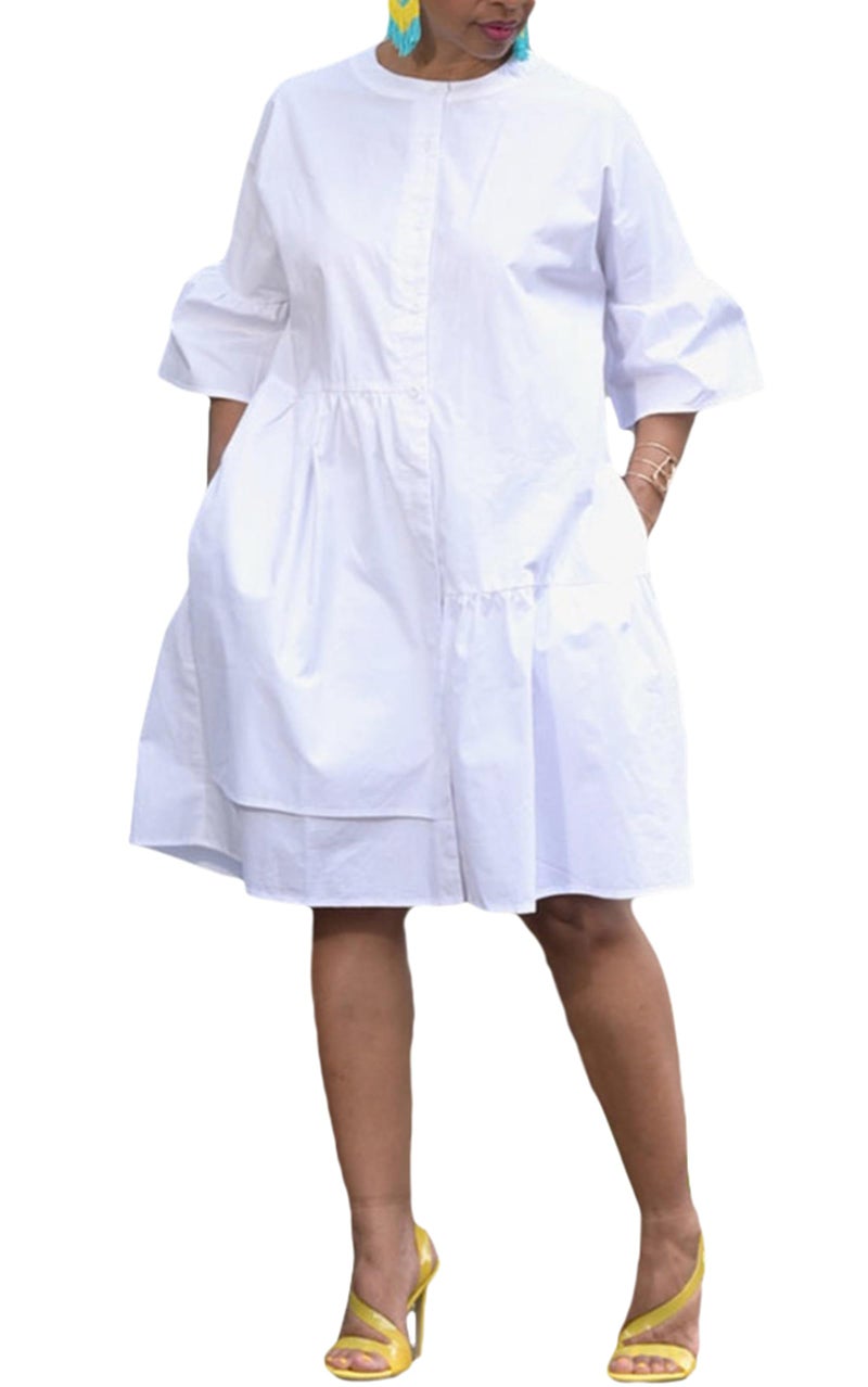 Choichic Button Down Shirt Dresses for Women with Pockets Flare Bell Sleeve A-Line Midi Tunic Dress Large White - Image 1
