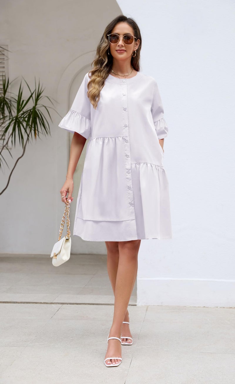 Choichic Button Down Shirt Dresses for Women with Pockets Flare Bell Sleeve A-Line Midi Tunic Dress Large White - Image 5