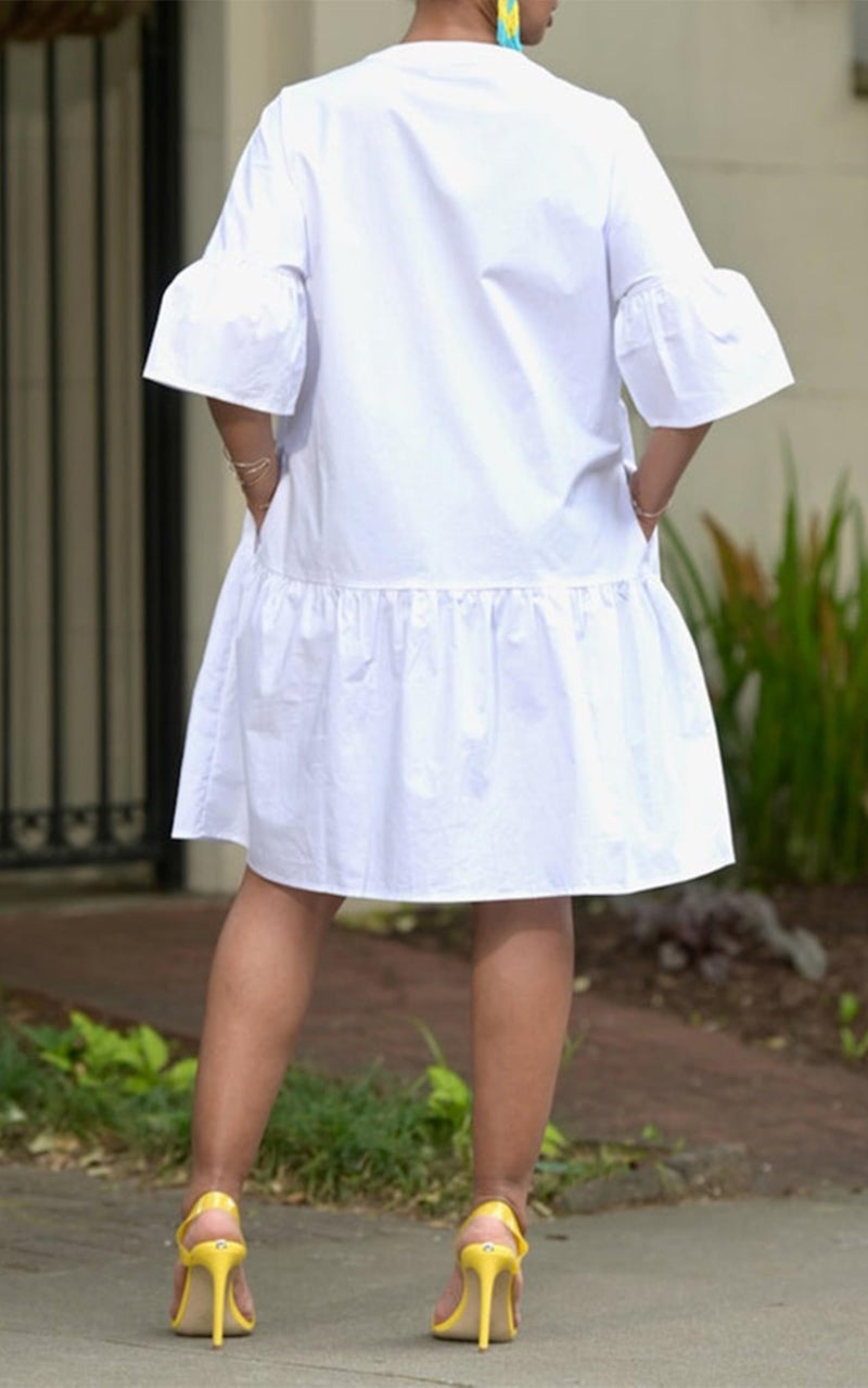 Choichic Button Down Shirt Dresses for Women with Pockets Flare Bell Sleeve A-Line Midi Tunic Dress Large White - Image 3